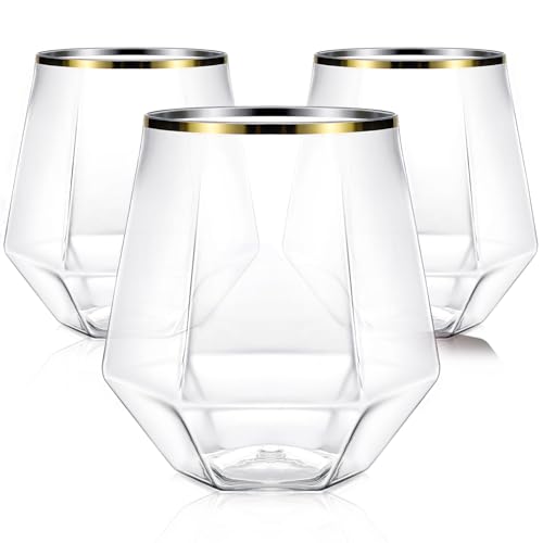 40 Pcak Plastic Stemless Wine cocktail Whiskey Champagne Glasses. 12 Oz Gold Rim Disposable Clear Unbreakable Cups for Party Bars Wedding Tasting (Diamond-shaped)